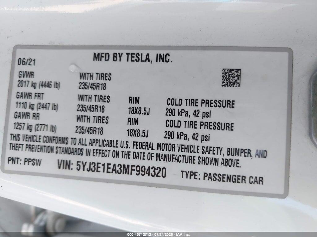 5YJ3E1EA3MF994320 2021 TESLA MODEL 3 photo no. 9