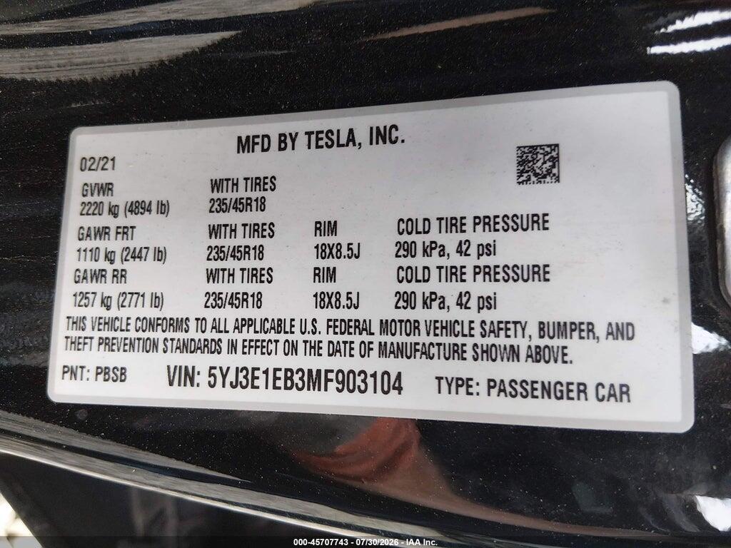 5YJ3E1EB3MF903104 2021 TESLA MODEL 3 photo no. 9