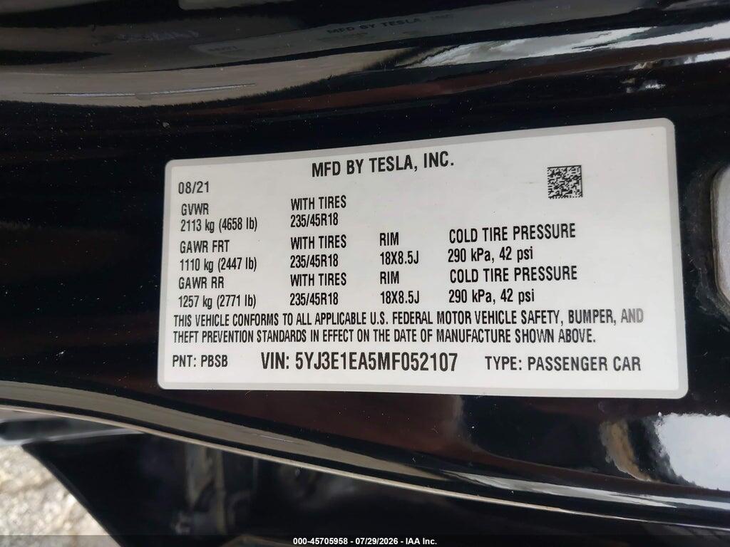 5YJ3E1EA5MF052107 2021 TESLA MODEL 3 photo no. 9