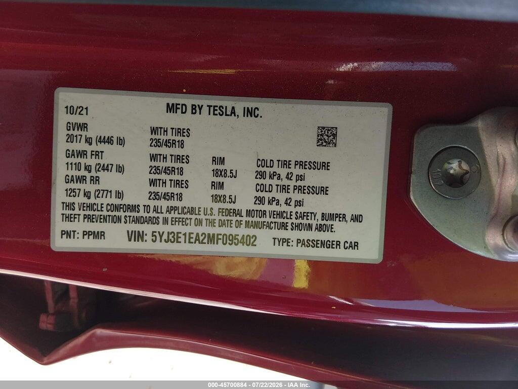 5YJ3E1EA2MF095402 2021 TESLA MODEL 3 photo no. 9