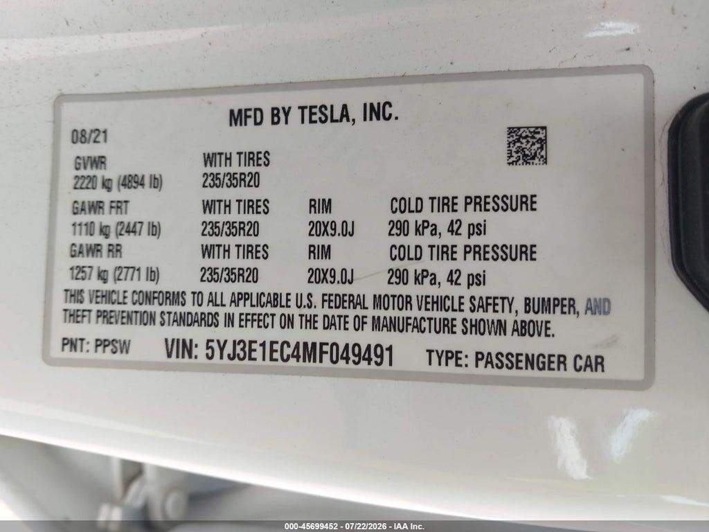5YJ3E1EC4MF049491 2021 TESLA MODEL 3 photo no. 9