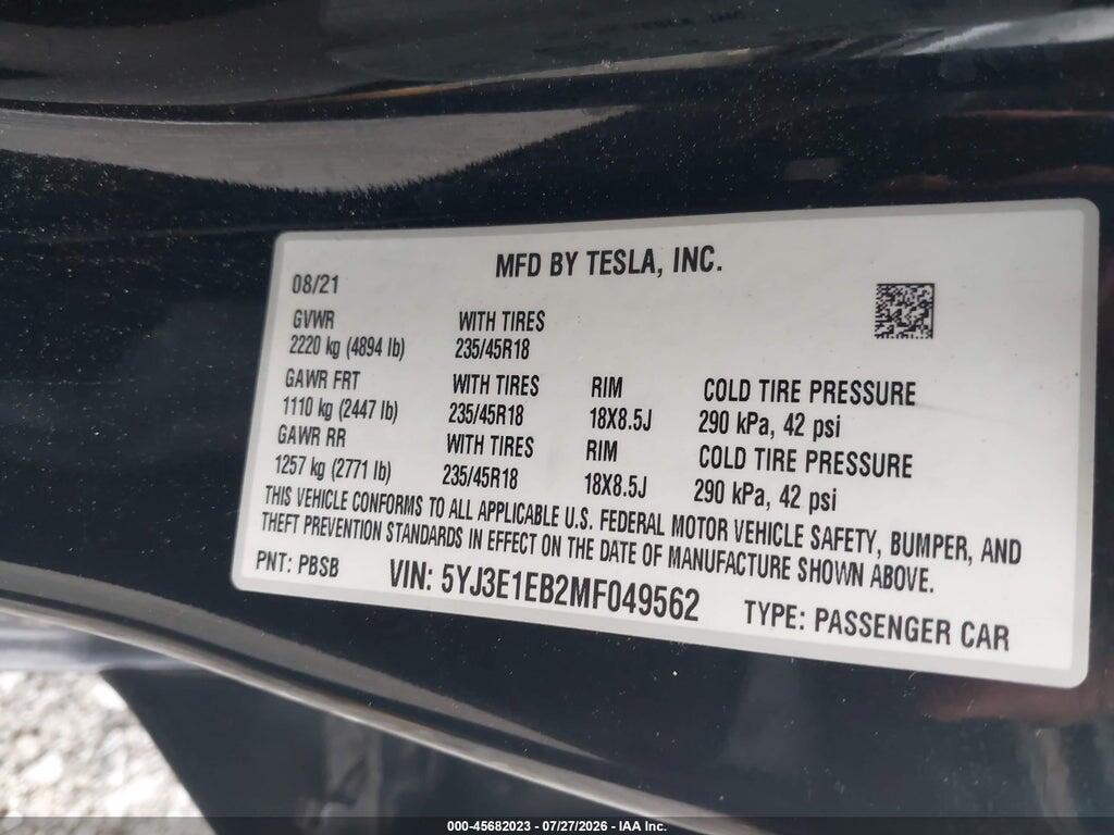 5YJ3E1EB2MF049562 2021 TESLA MODEL 3 photo no. 9