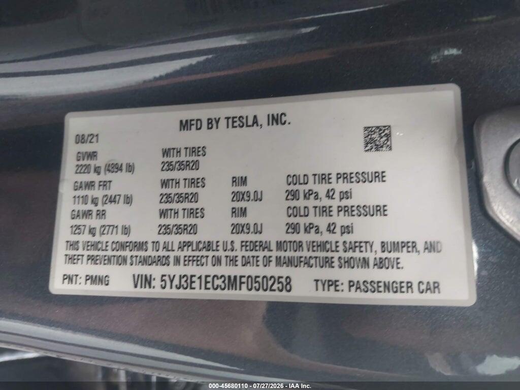 5YJ3E1EC3MF050258 2021 TESLA MODEL 3 photo no. 9