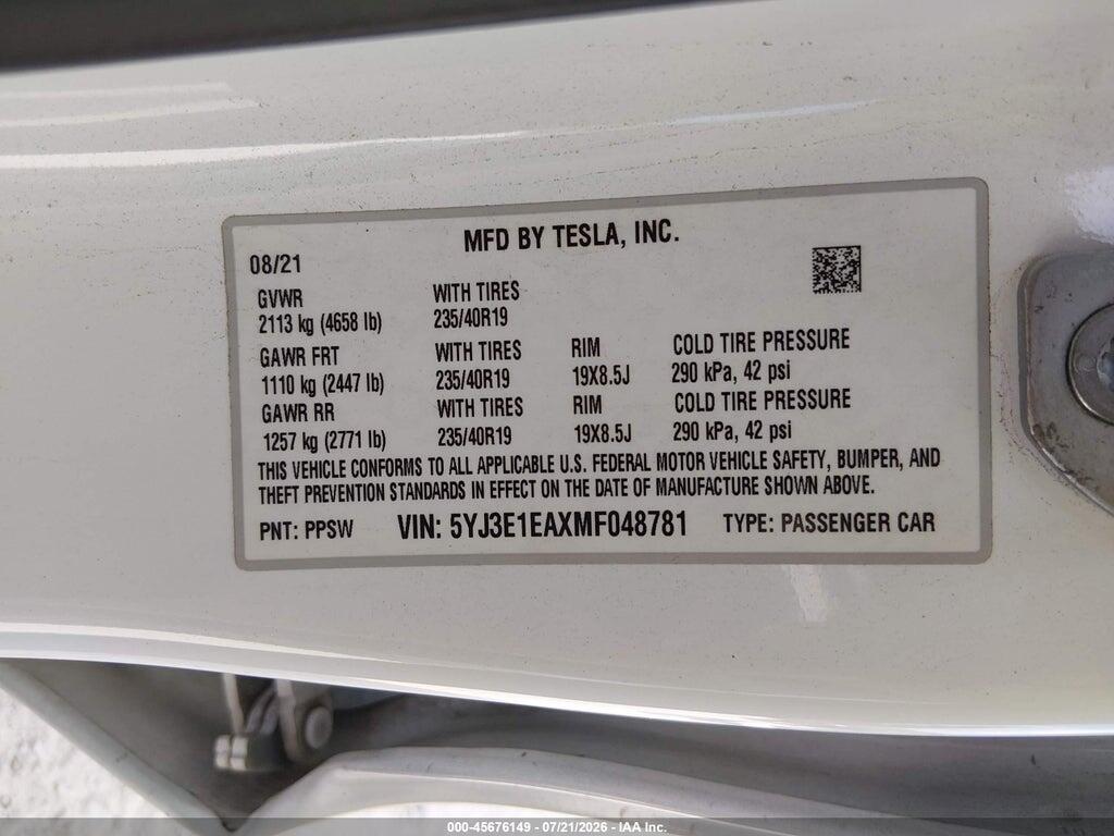 5YJ3E1EAXMF048781 2021 TESLA MODEL 3 photo no. 9