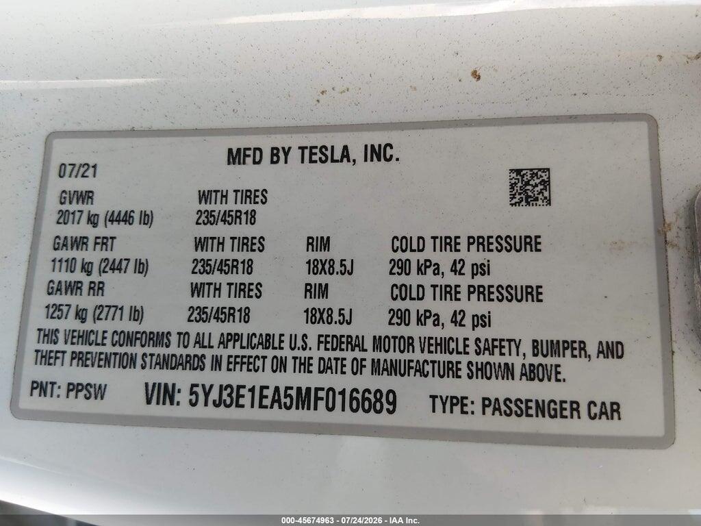 5YJ3E1EA5MF016689 2021 TESLA MODEL 3 photo no. 9