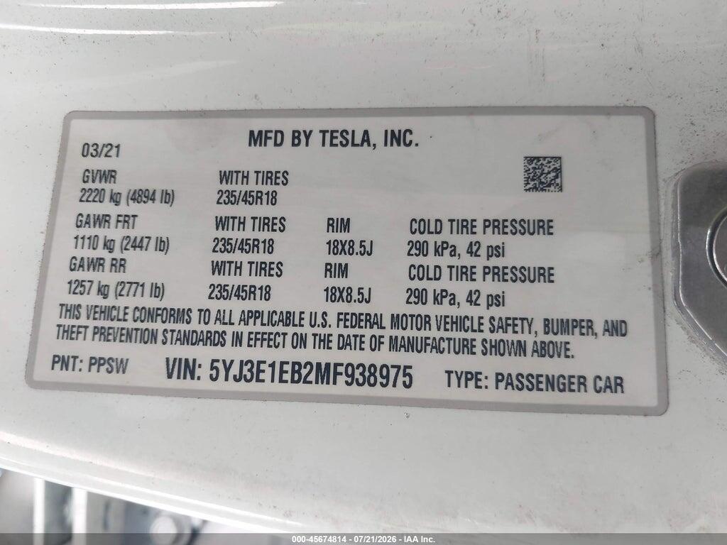 5YJ3E1EB2MF938975 2021 TESLA MODEL 3 photo no. 9