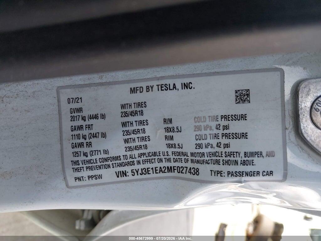 5YJ3E1EA2MF027438 2021 TESLA MODEL 3 photo no. 9