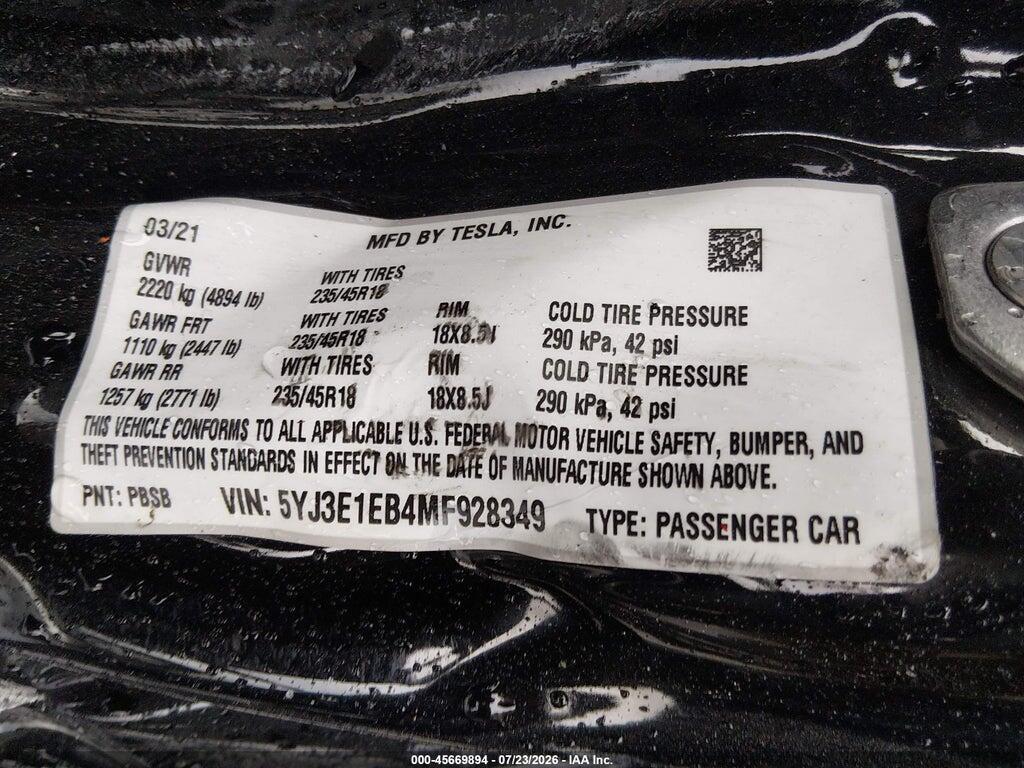 5YJ3E1EB4MF928349 2021 TESLA MODEL 3 photo no. 9