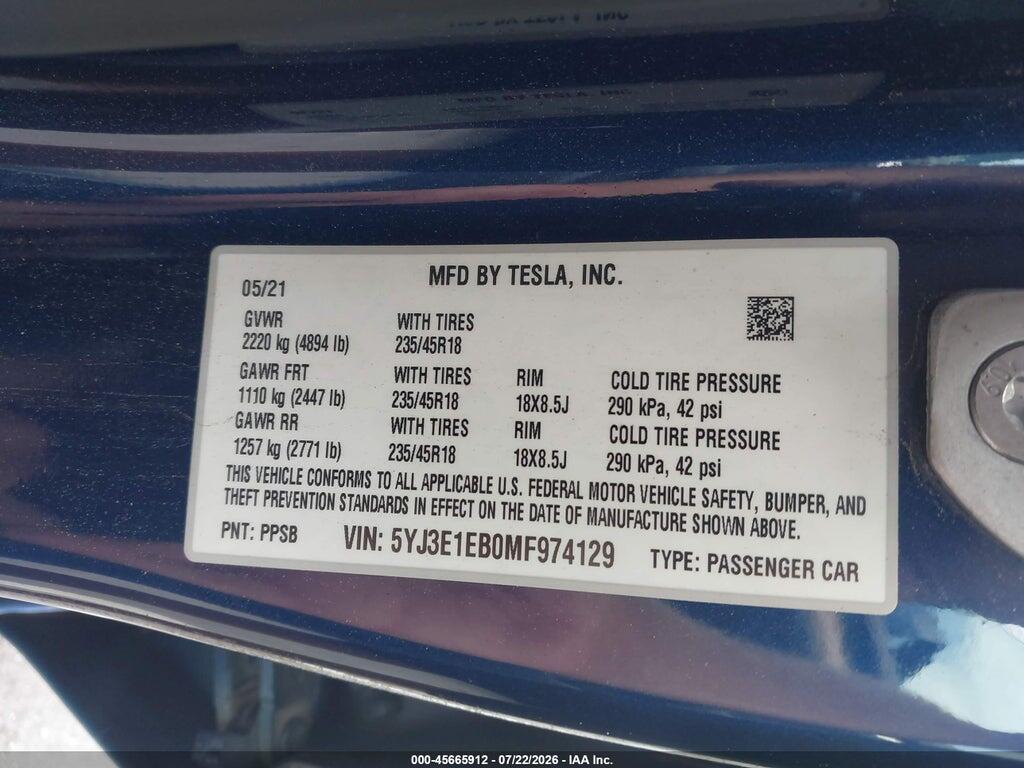 5YJ3E1EB0MF974129 2021 TESLA MODEL 3 photo no. 9