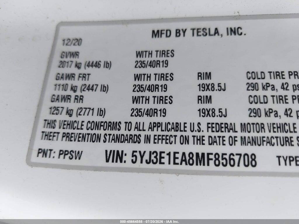 5YJ3E1EA8MF856708 2021 TESLA MODEL 3 photo no. 9