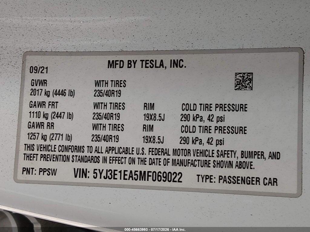 5YJ3E1EA5MF069022 2021 TESLA MODEL 3 photo no. 9