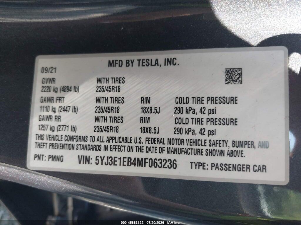 5YJ3E1EB4MF063236 2021 TESLA MODEL 3 photo no. 9