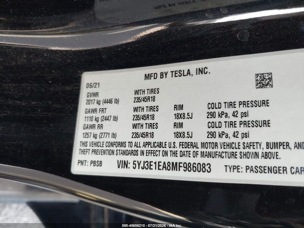5YJ3E1EA8MF986083 2021 TESLA MODEL 3 photo no. 9