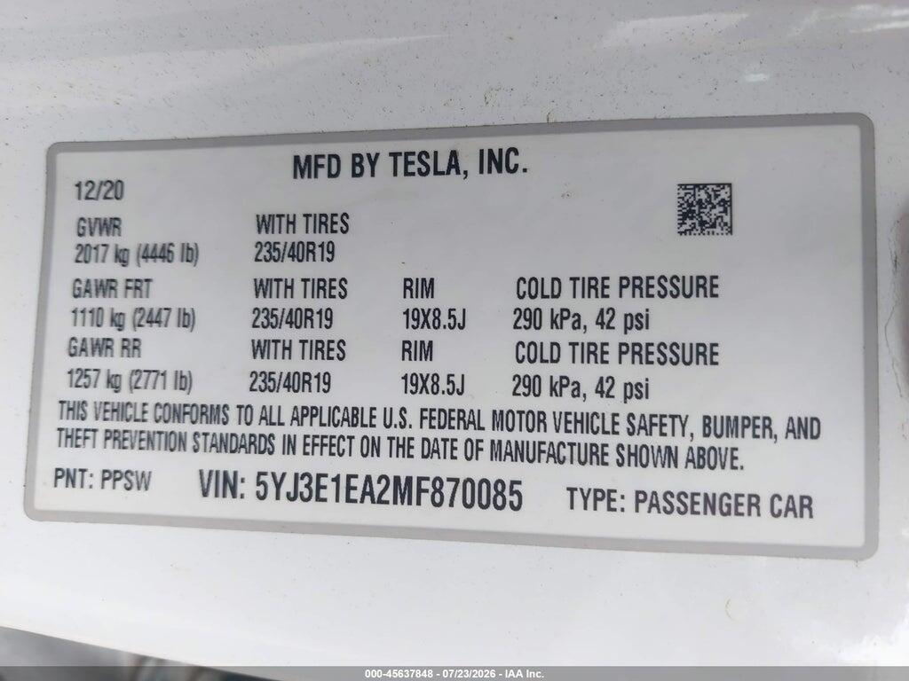 5YJ3E1EA2MF870085 2021 TESLA MODEL 3 photo no. 9