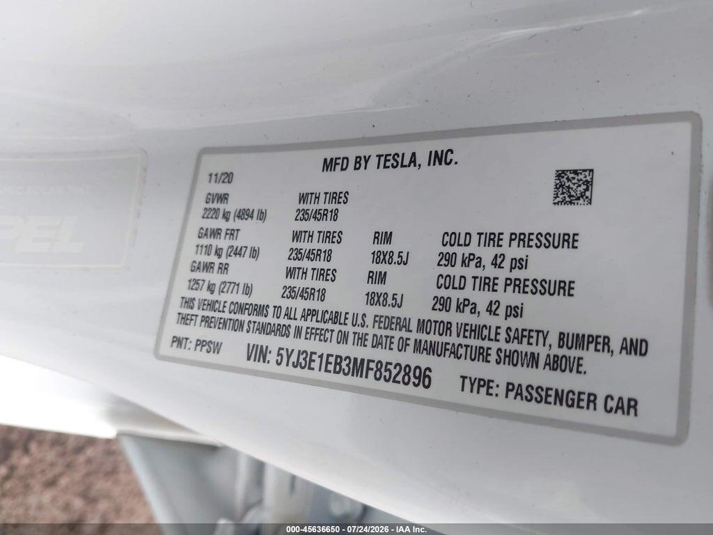 5YJ3E1EB3MF852896 2021 TESLA MODEL 3 photo no. 9
