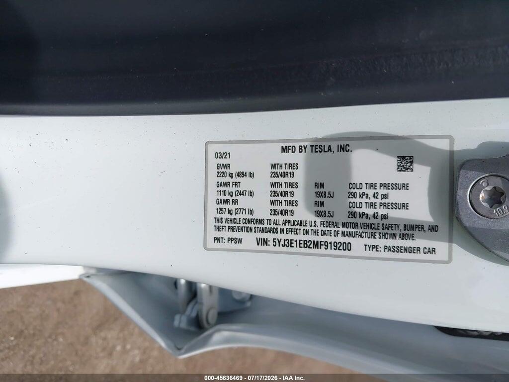 5YJ3E1EB2MF919200 2021 TESLA MODEL 3 photo no. 9