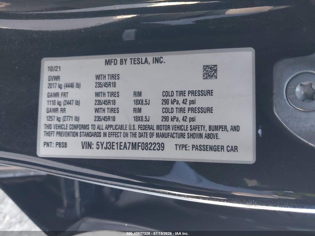 5YJ3E1EA7MF082239 2021 TESLA MODEL 3 photo no. 9