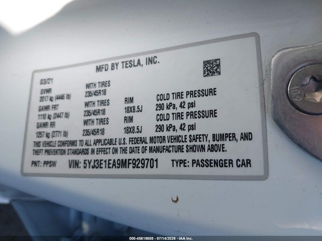 5YJ3E1EA9MF929701 2021 TESLA MODEL 3 photo no. 9