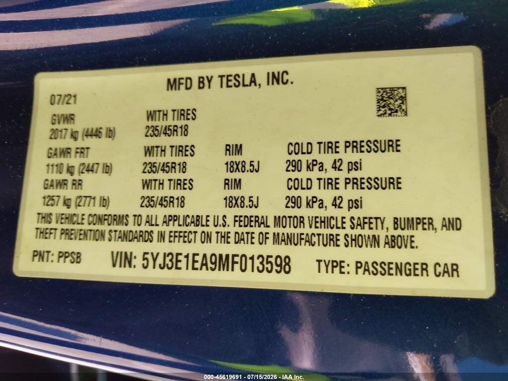5YJ3E1EA9MF013598 2021 TESLA MODEL 3 photo no. 9