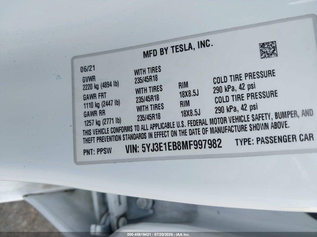 5YJ3E1EB8MF997982 2021 TESLA MODEL 3 photo no. 9