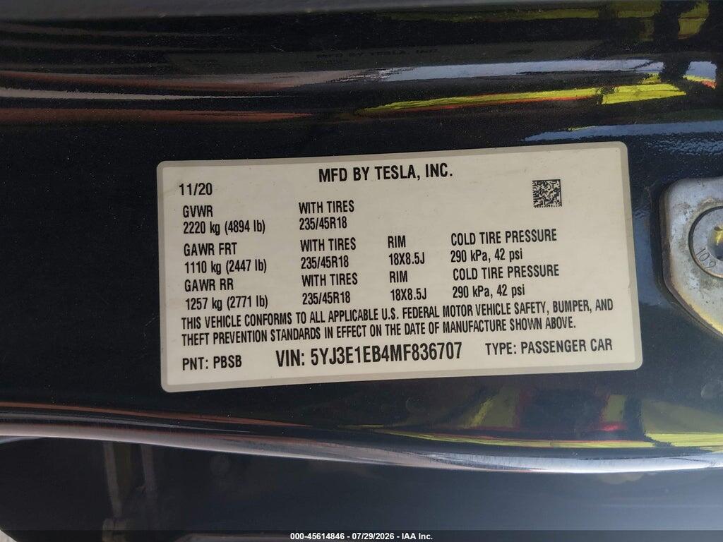 5YJ3E1EB4MF836707 2021 TESLA MODEL 3 photo no. 9