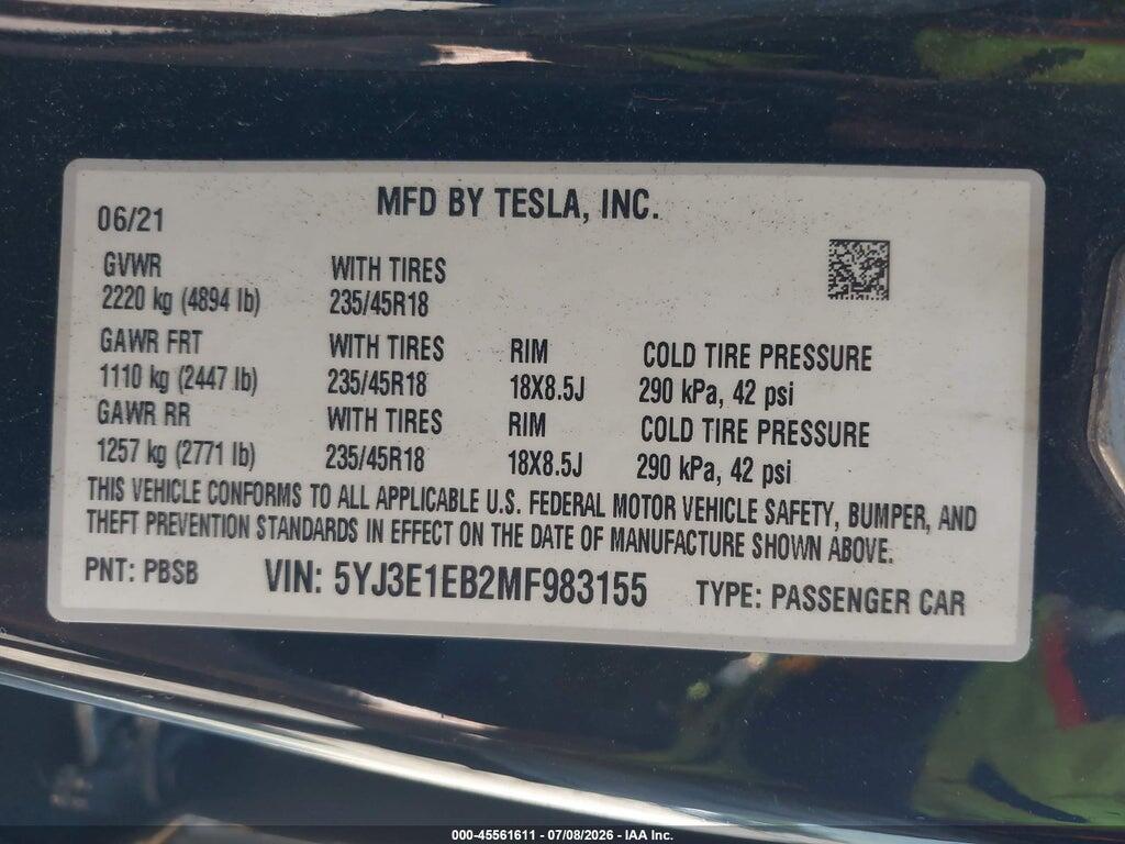 5YJ3E1EB2MF983155 2021 TESLA MODEL 3 photo no. 9