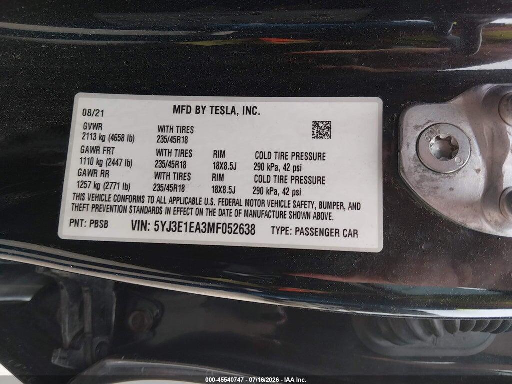 5YJ3E1EA3MF052638 2021 TESLA MODEL 3 photo no. 9