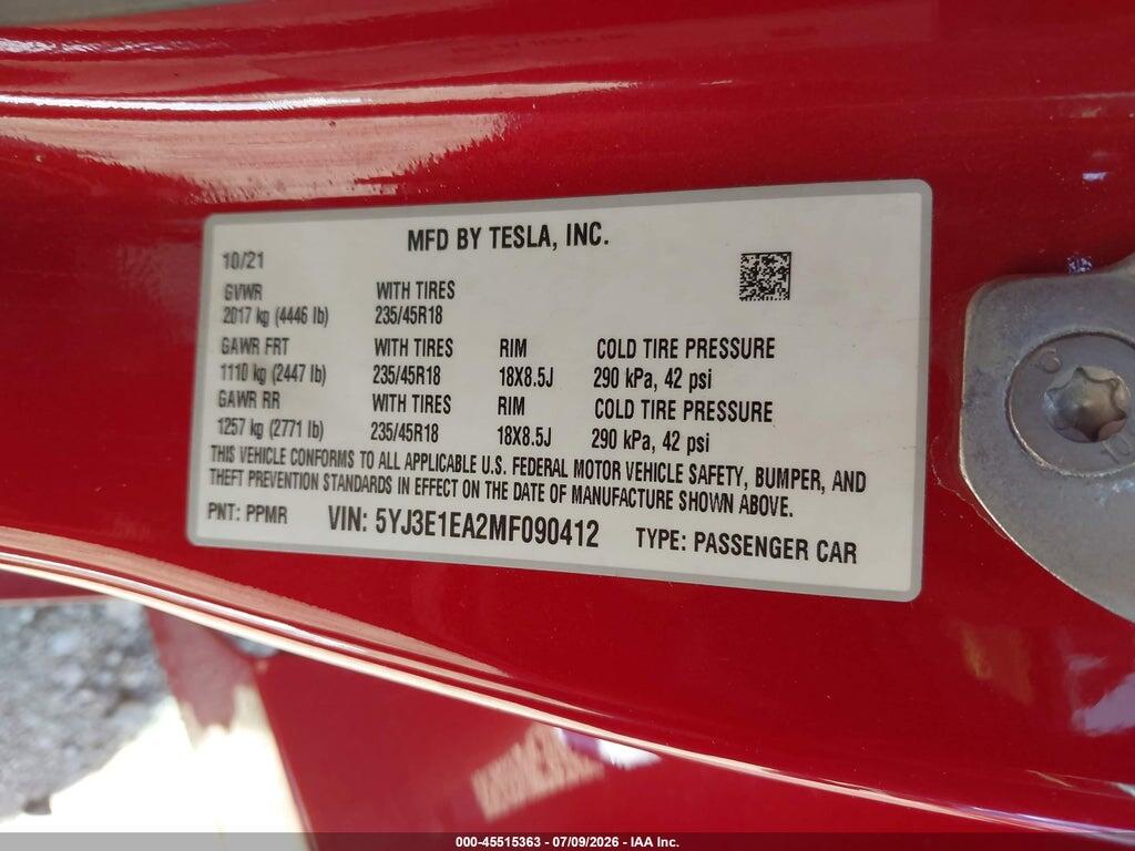 5YJ3E1EA2MF090412 2021 TESLA MODEL 3 photo no. 9