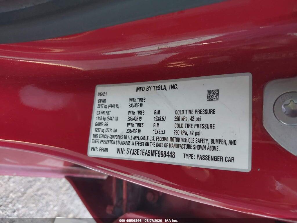 5YJ3E1EA5MF998448 2021 TESLA MODEL 3 photo no. 9