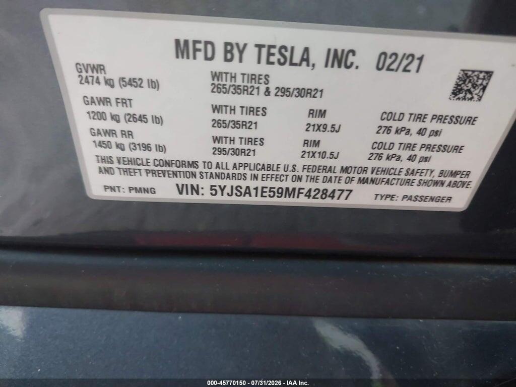 5YJSA1E59MF428477 2021 TESLA MODEL S photo no. 9