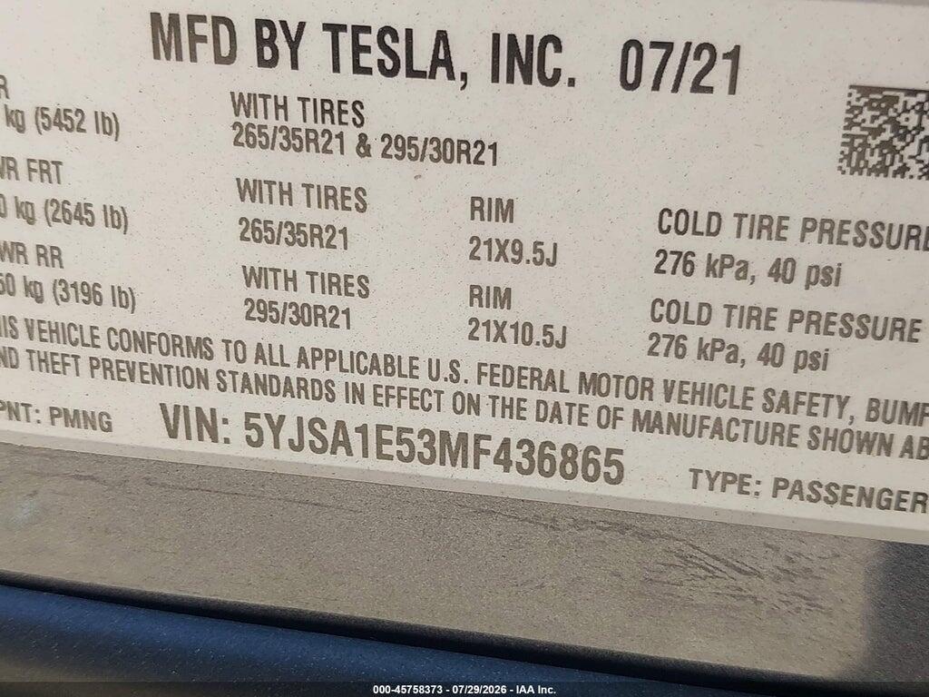 5YJSA1E53MF436865 2021 TESLA MODEL S photo no. 9