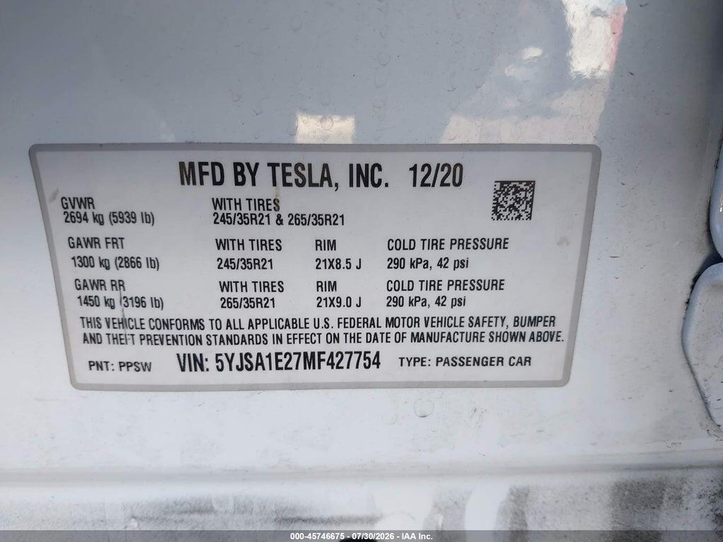 5YJSA1E27MF427754 2021 TESLA MODEL S photo no. 9