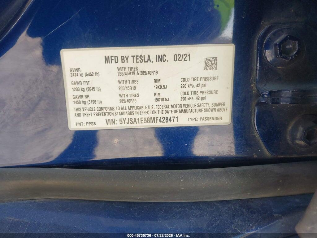 5YJSA1E58MF428471 2021 TESLA MODEL S photo no. 9