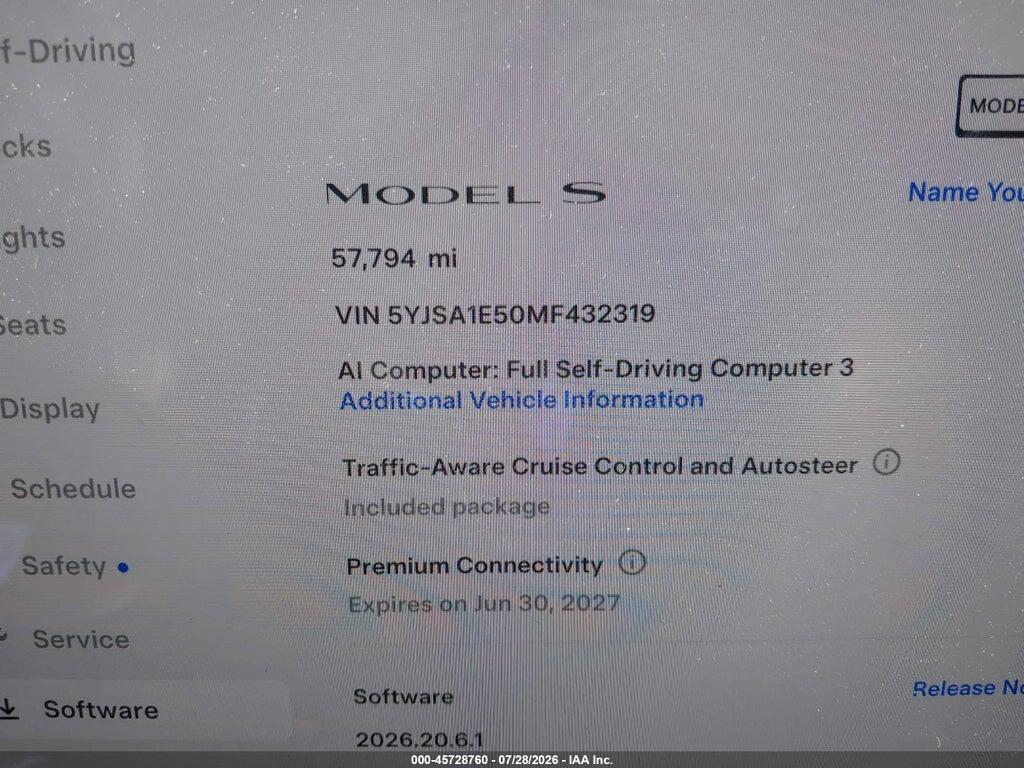 5YJSA1E50MF432319 2021 TESLA MODEL S photo no. 7