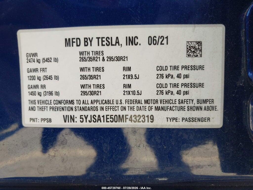 5YJSA1E50MF432319 2021 TESLA MODEL S photo no. 9