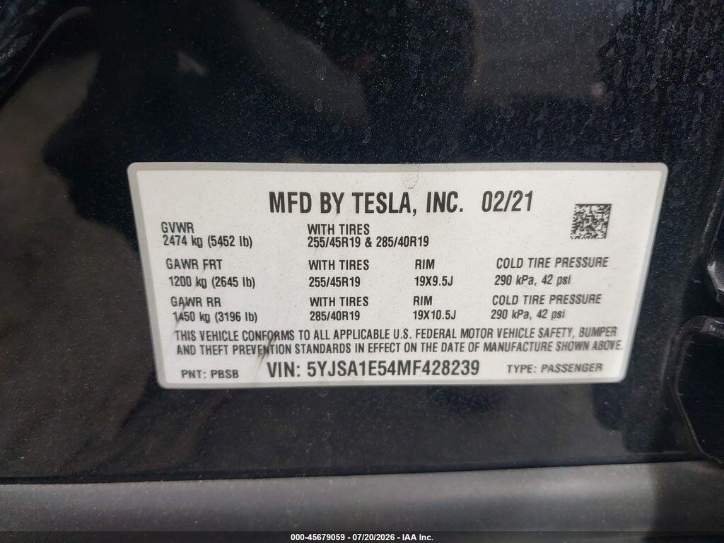 5YJSA1E54MF428239 2021 TESLA MODEL S photo no. 9