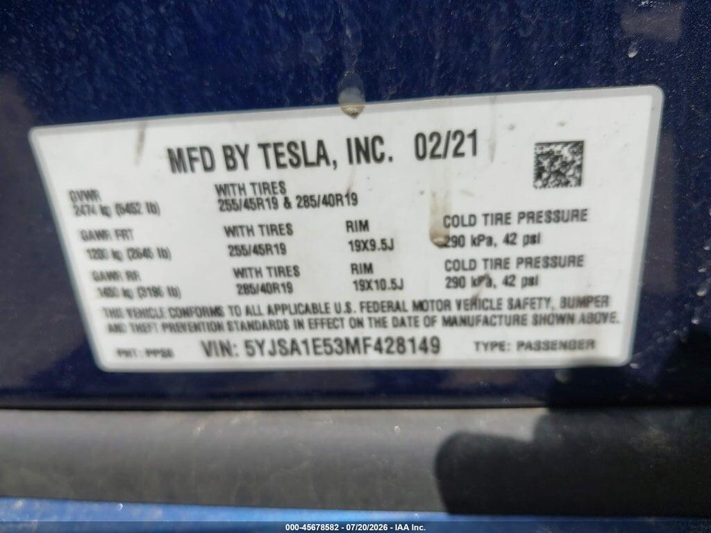 5YJSA1E53MF428149 2021 TESLA MODEL S photo no. 9