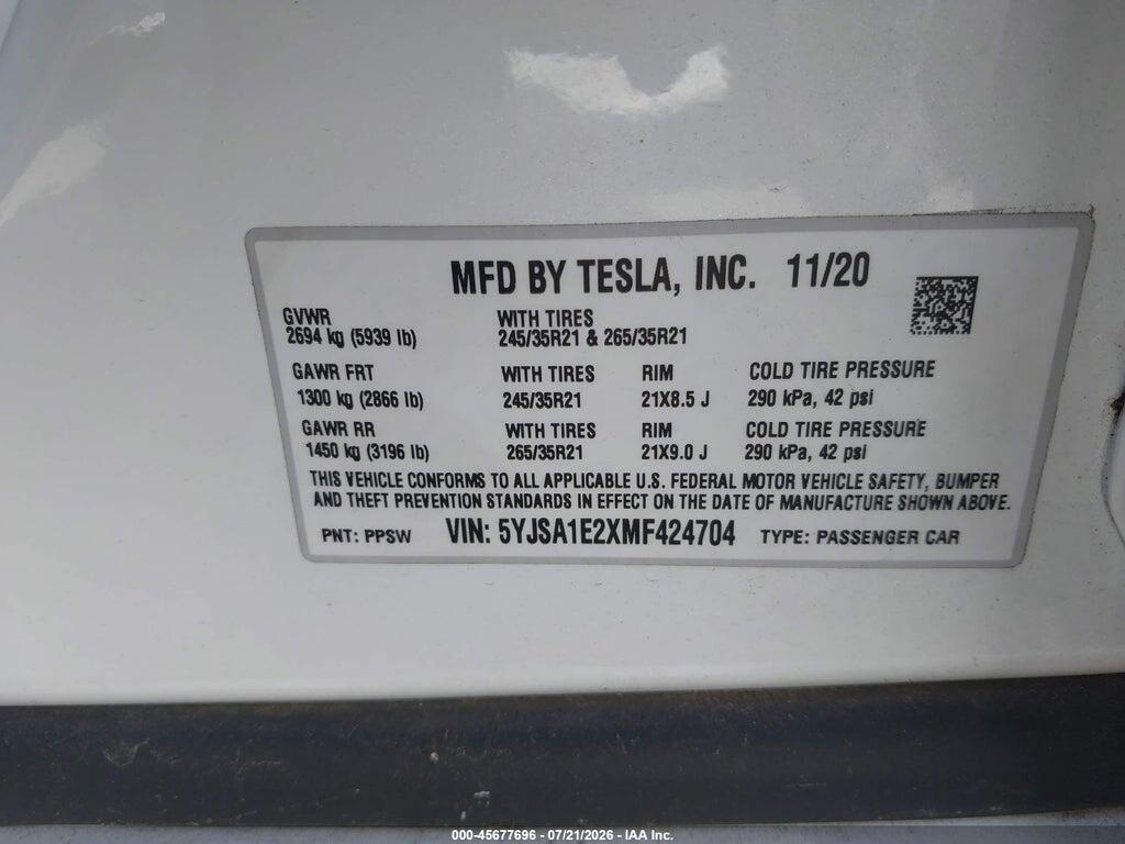 5YJSA1E2XMF424704 2021 TESLA MODEL S photo no. 9