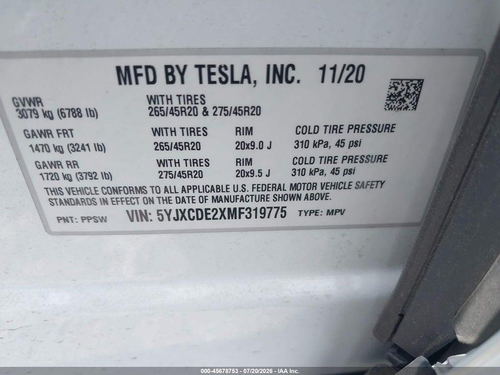 5YJXCDE2XMF319775 2021 TESLA MODEL X photo no. 9