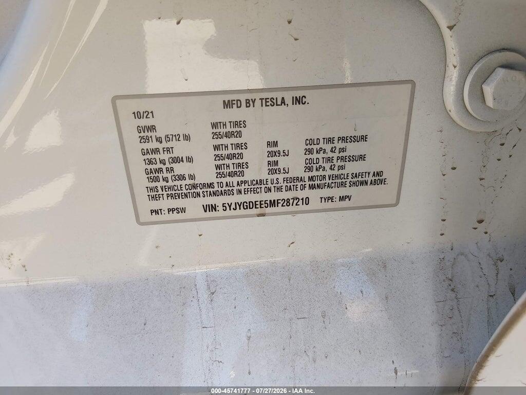 5YJYGDEE5MF287210 2021 TESLA MODEL Y photo no. 9