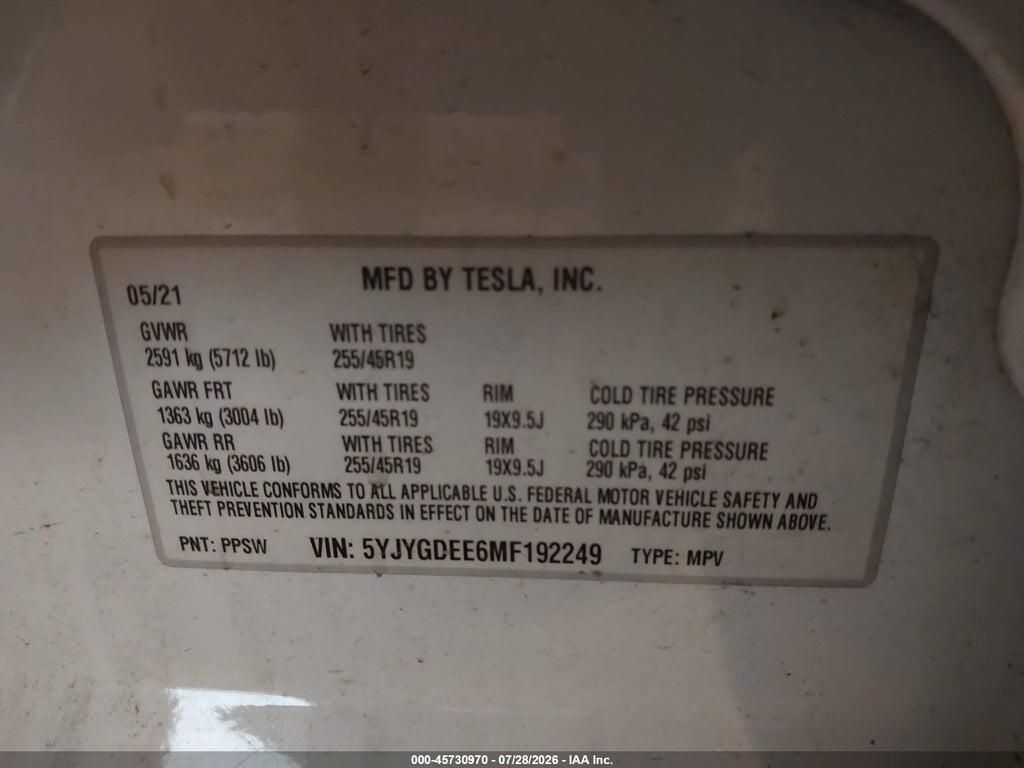 5YJYGDEE6MF192249 2021 TESLA MODEL Y photo no. 9