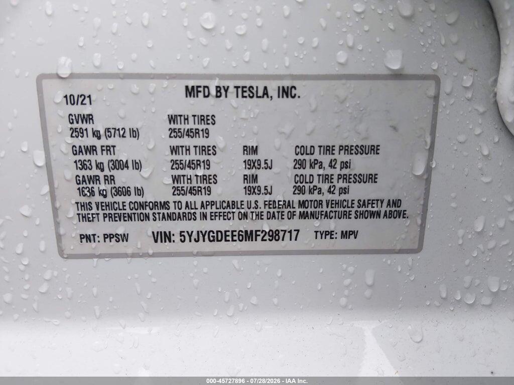 5YJYGDEE6MF298717 2021 TESLA MODEL Y photo no. 9