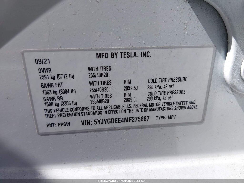5YJYGDEE4MF275887 2021 TESLA MODEL Y photo no. 9