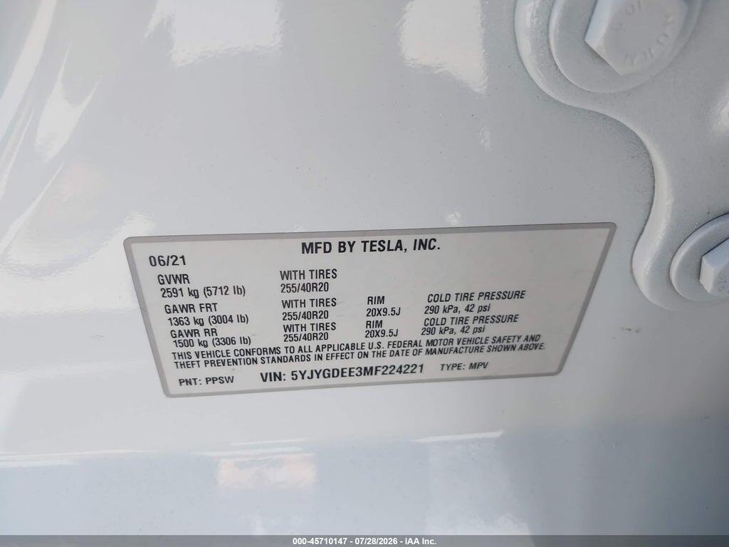 5YJYGDEE3MF224221 2021 TESLA MODEL Y photo no. 9