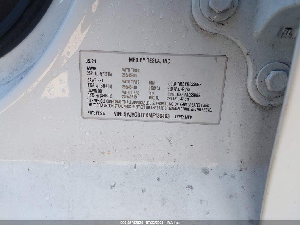 5YJYGDEEXMF188463 2021 TESLA MODEL Y photo no. 9