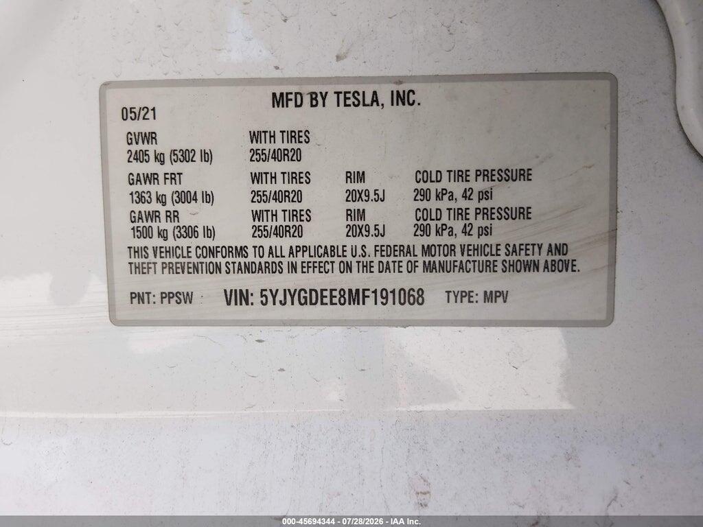 5YJYGDEE8MF191068 2021 TESLA MODEL Y photo no. 9