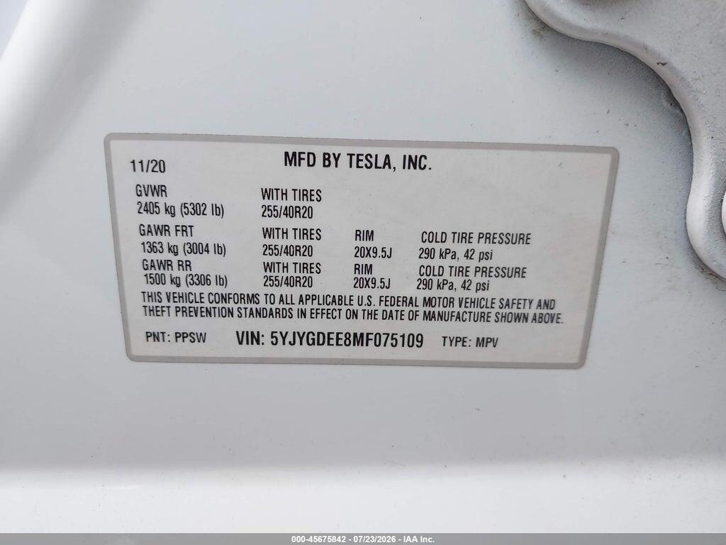 5YJYGDEE8MF075109 2021 TESLA MODEL Y photo no. 9