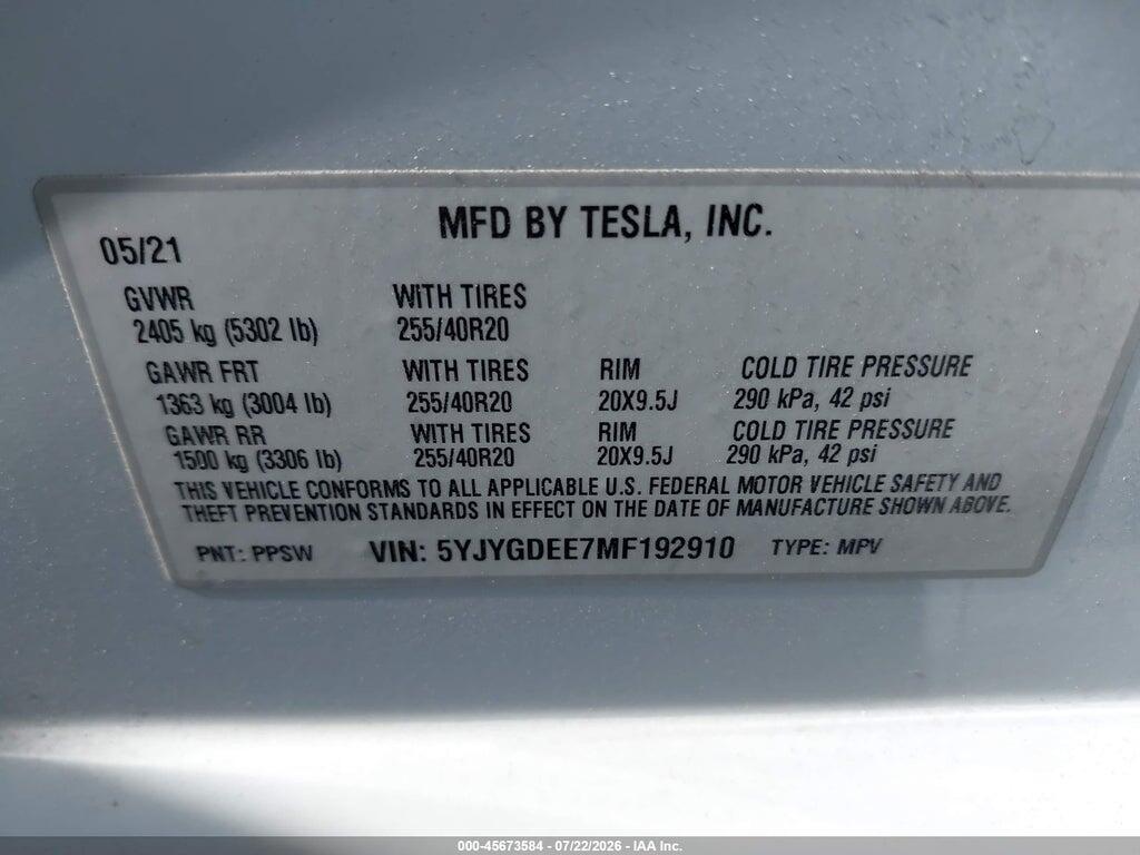 5YJYGDEE7MF192910 2021 TESLA MODEL Y photo no. 9