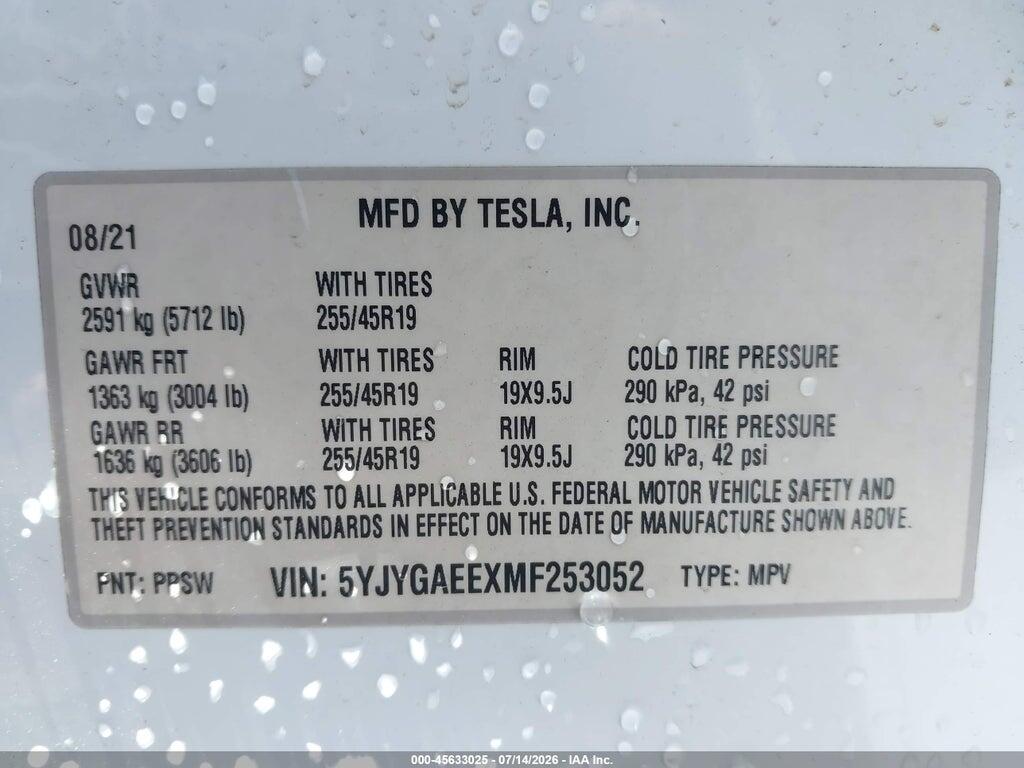 5YJYGAEEXMF253052 2021 TESLA MODEL Y photo no. 9