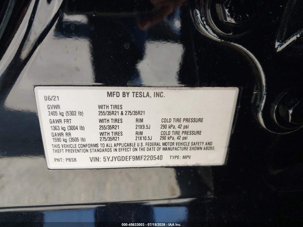 5YJYGDEF9MF220540 2021 TESLA MODEL Y photo no. 9